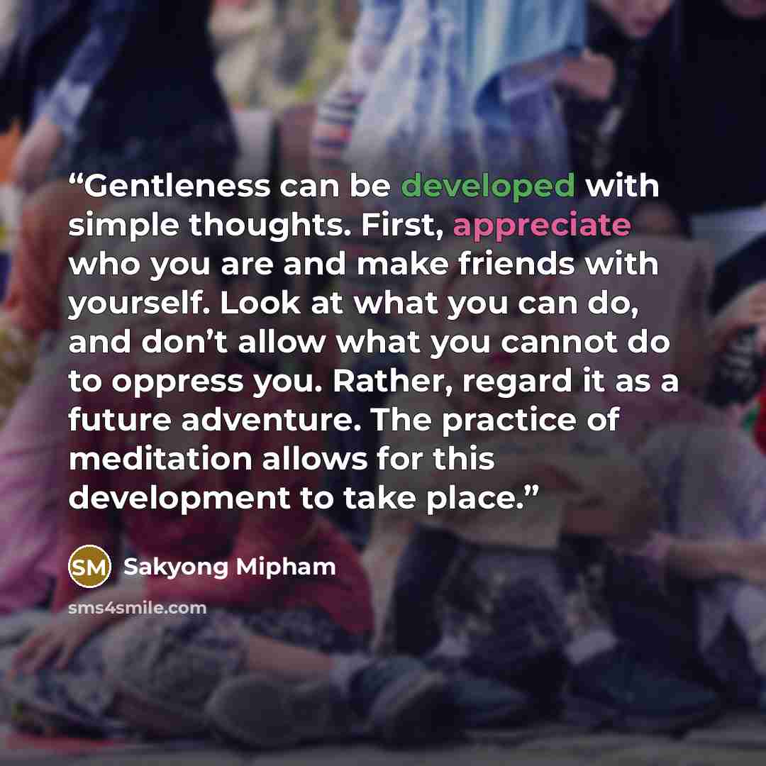 “Gentleness can be developed with simple thoughts. First, appreciate who you are and make friends with yourself. Look at what you can do, and don’t allow what you cannot do to oppress you. Rather, regard it as a future adventure. The practice of meditation allows for this development to take place.” quote by Sakyong Mipham