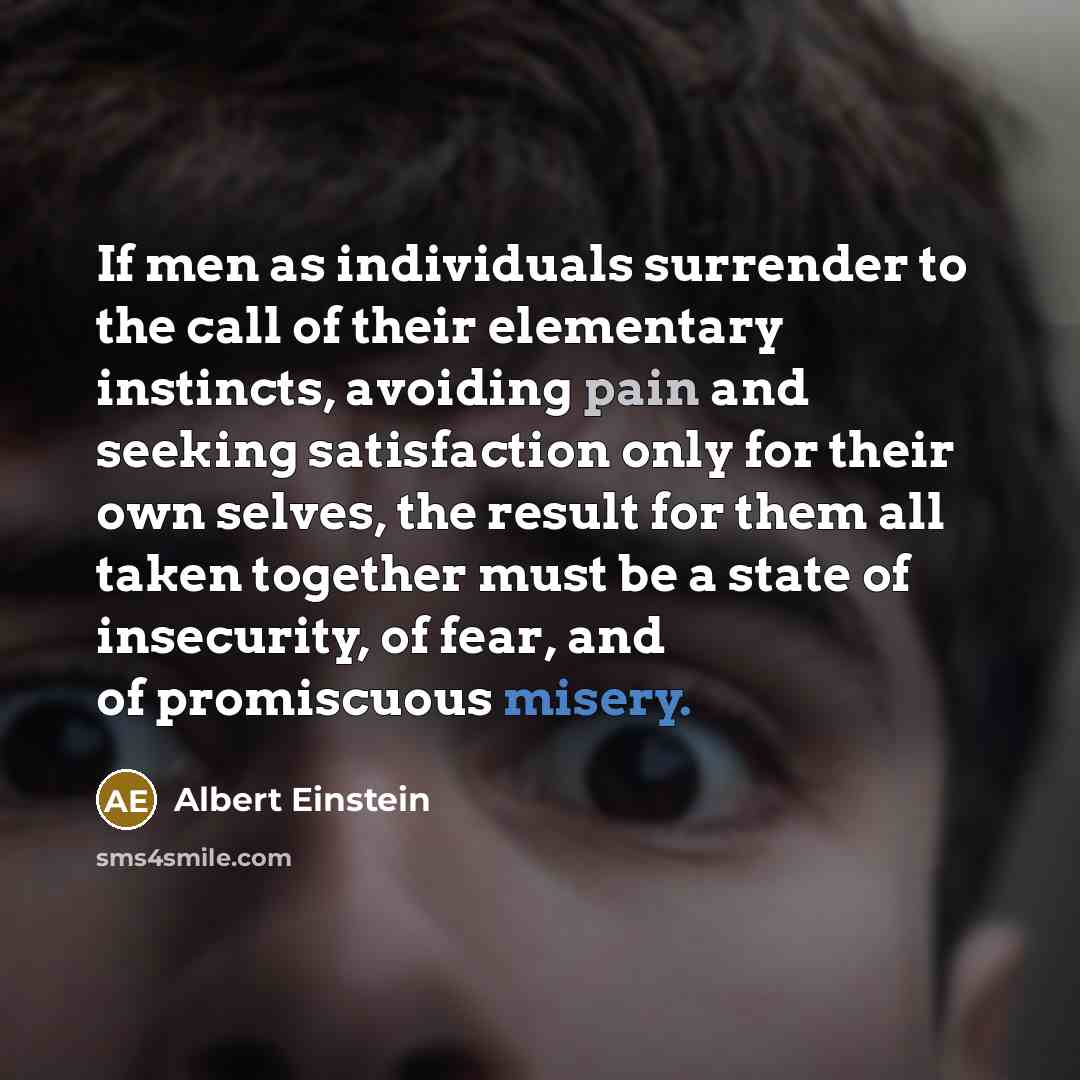 “If men as individuals surrender to the call of their elementary instincts, avoiding pain and seeking satisfaction only for their own selves, the result for them all taken together must be a state of insecurity, of fear, and of promiscuous misery.” quote by Albert Einstein