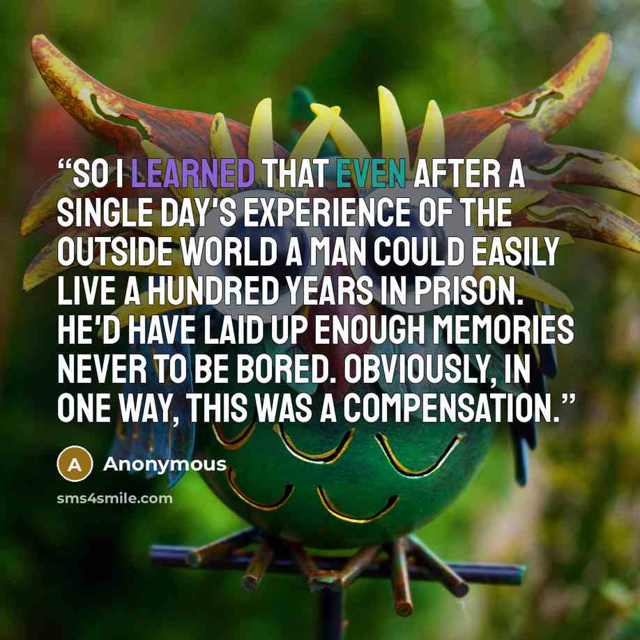 “So I learned that even after a single day's experience of the outside world a man could easily live a hundred years in prison. He'd have laid up enough memories never to be bored. Obviously, in one way, this was a compensation.” quote by Anonymous