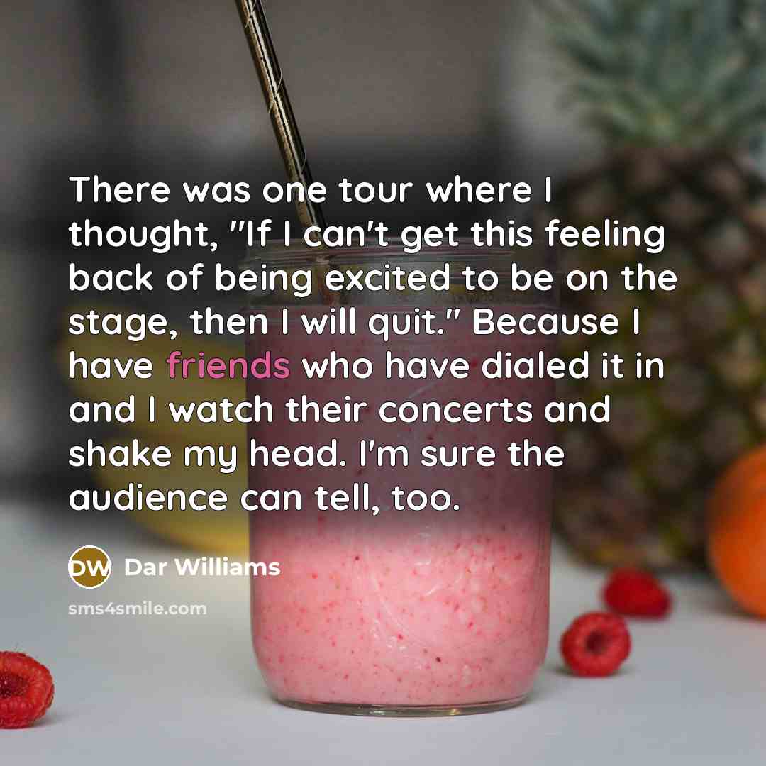 “There was one tour where I thought, "If I can't get this feeling back of being excited to be on the stage, then I will quit." Because I have friends who have dialed it in and I watch their concerts and shake my head. I'm sure the audience can tell, too.” quote by Dar Williams