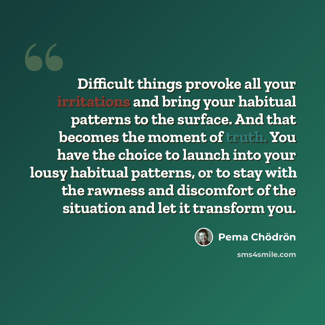 “Difficult things provoke all your irritations and bring your habitual patterns to the surface. And that becomes the moment of truth. You have the choice to launch into your lousy habitual patterns, or to stay with the rawness and discomfort of the situation and let it transform you.” quote by Pema Chodron