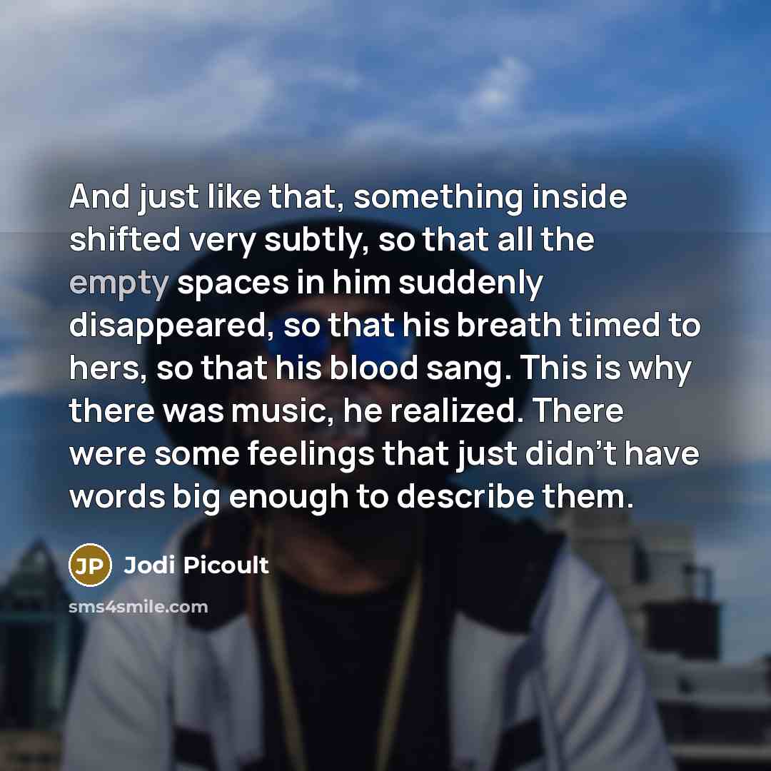 “And just like that, something inside shifted very subtly, so that all the empty spaces in him suddenly disappeared, so that his breath timed to hers, so that his blood sang. This is why there was music, he realized. There were some feelings that just didn’t have words big enough to describe them.” quote by Jodi Picoult