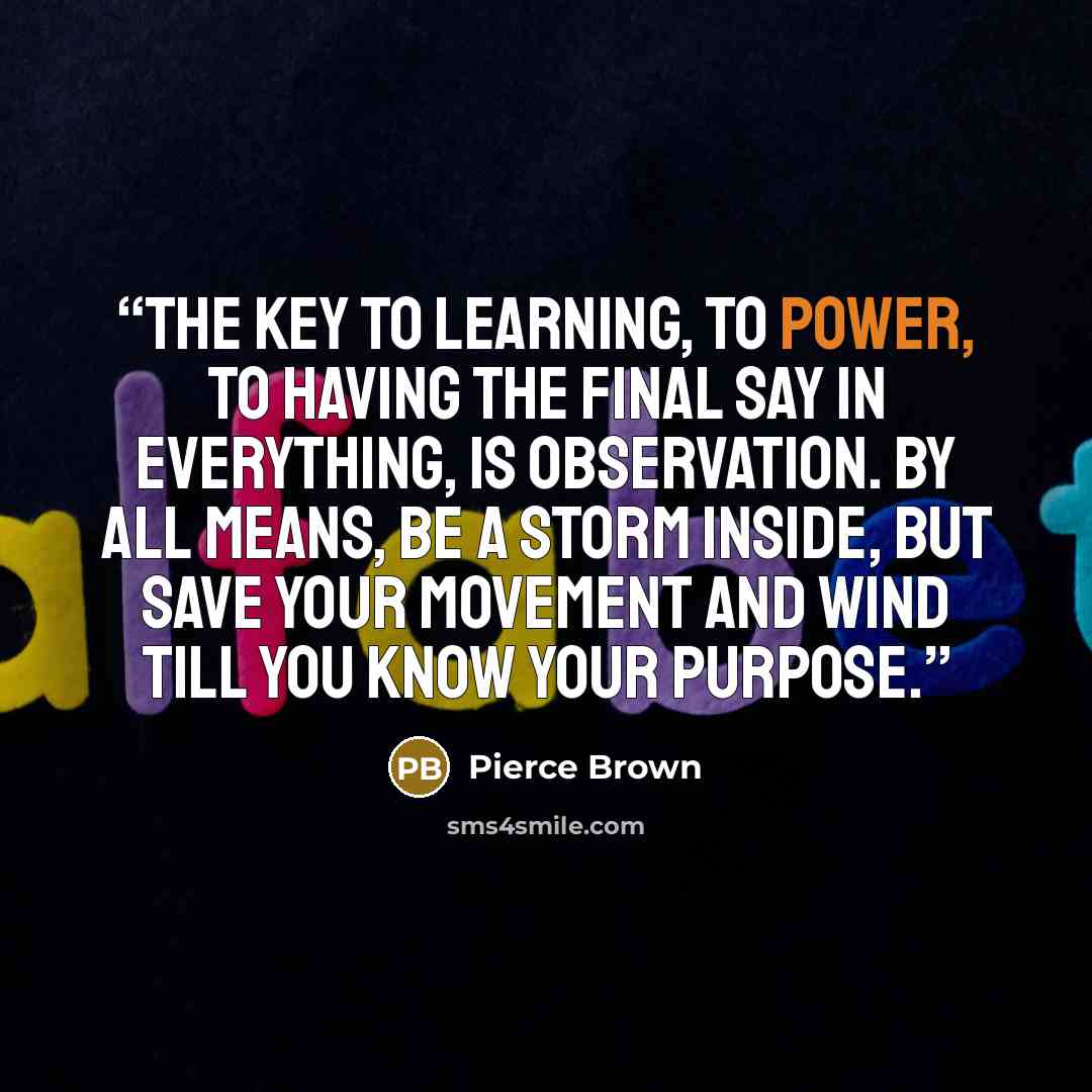“The key to learning, to power, to having the final say in everything, is observation. By all means, be a storm inside, but save your movement and wind till you know your purpose.” quote by Pierce Brown