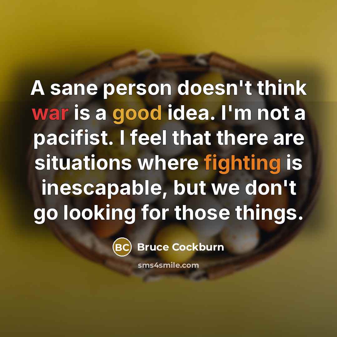 “A sane person doesn't think war is a good idea. I'm not a pacifist. I feel that there are situations where fighting is inescapable, but we don't go looking for those things.” quote by Bruce Cockburn