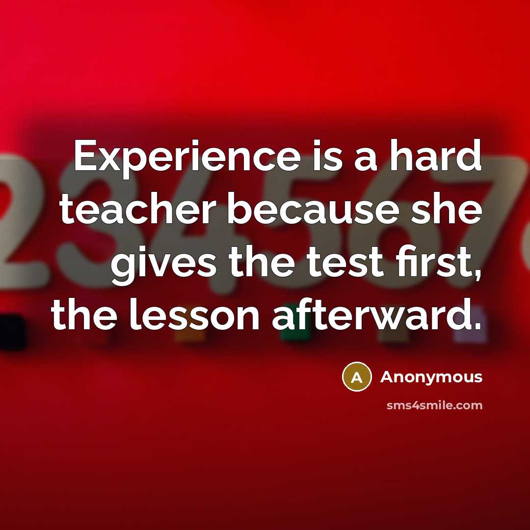 “Experience is a hard teacher because she gives the test first, the lesson afterward.” quote by Anonymous