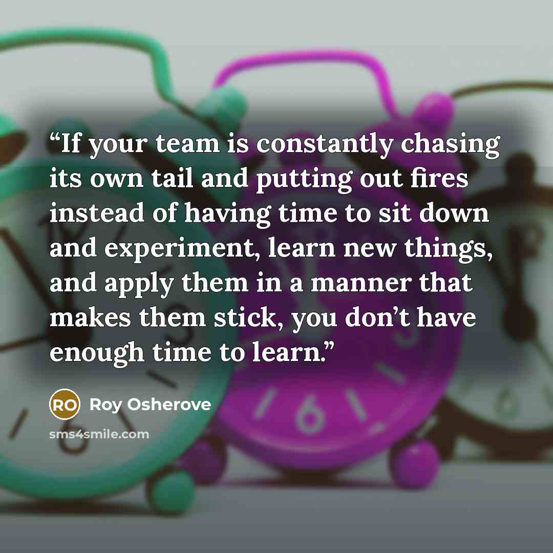 “If your team is constantly chasing its own tail and putting out fires instead of having time to sit down and experiment, learn new things, and apply them in a manner that makes them stick, you don’t have enough time to learn.” quote by Roy Osherove