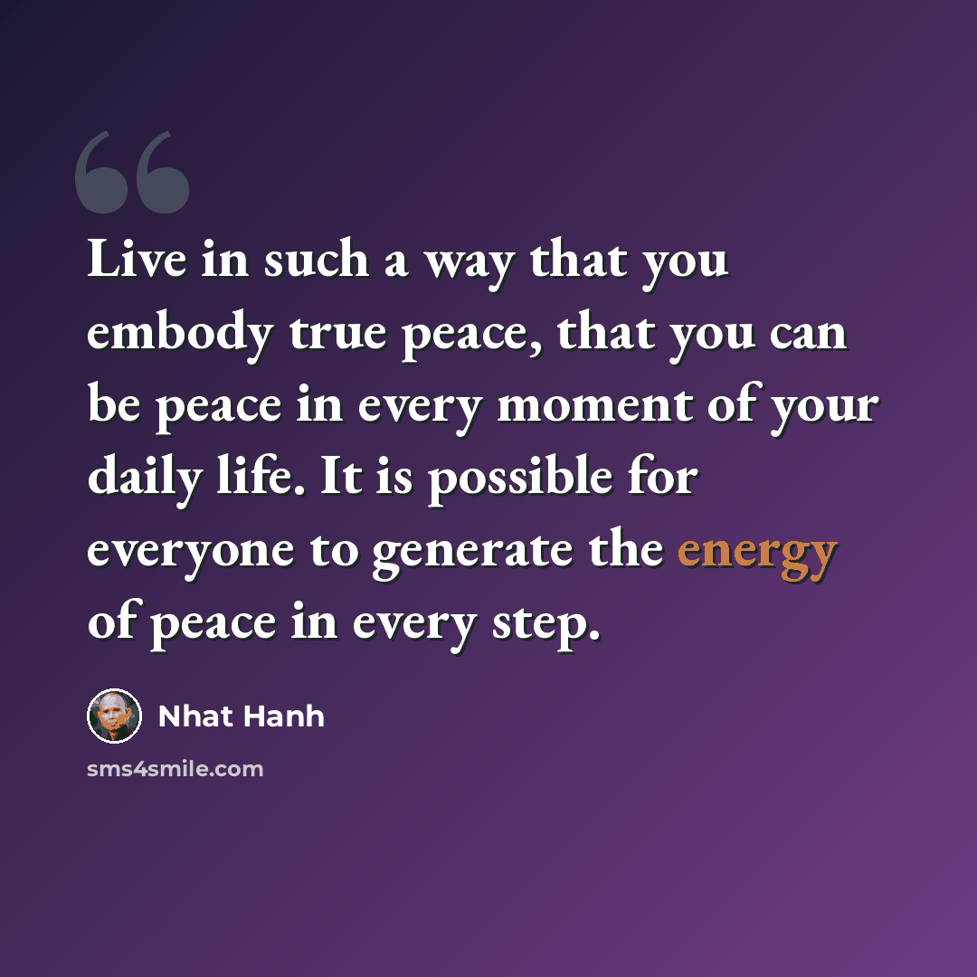 “Live in such a way that you embody true peace, that you can be peace in every moment of your daily life. It is possible for everyone to generate the energy of peace in every step.” quote by Nhat Hanh