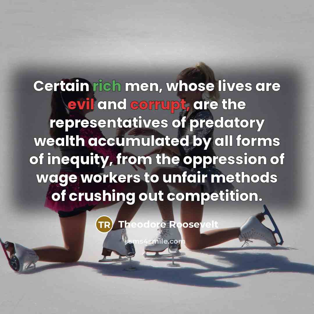 “Certain rich men, whose lives are evil and corrupt, are the representatives of predatory wealth accumulated by all forms of inequity, from the oppression of wage workers to unfair methods of crushing out competition.” quote by Theodore Roosevelt