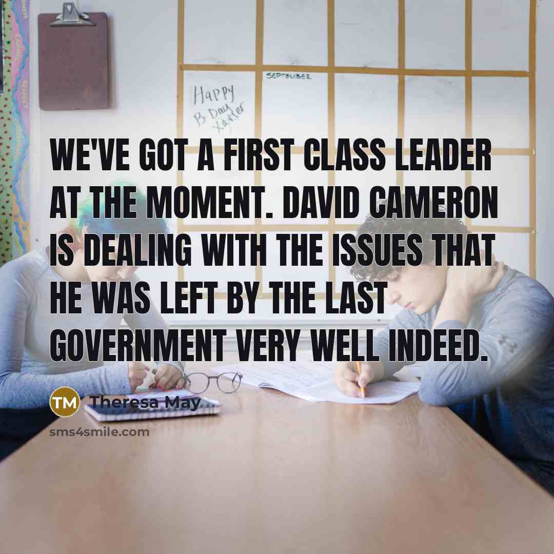 “We've got a first class leader at the moment. David Cameron is dealing with the issues that he was left by the last government very well indeed.” quote by Theresa May
