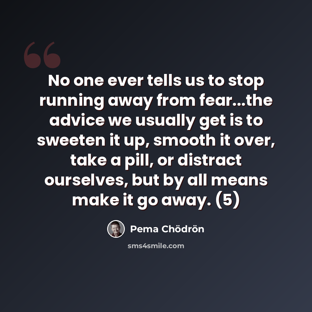 “No one ever tells us to stop running away from fear...the advice we usually get is to sweeten it up, smooth it over, take a pill, or distract ourselves, but by all means make it go away. (5)” quote by Pema Chodron