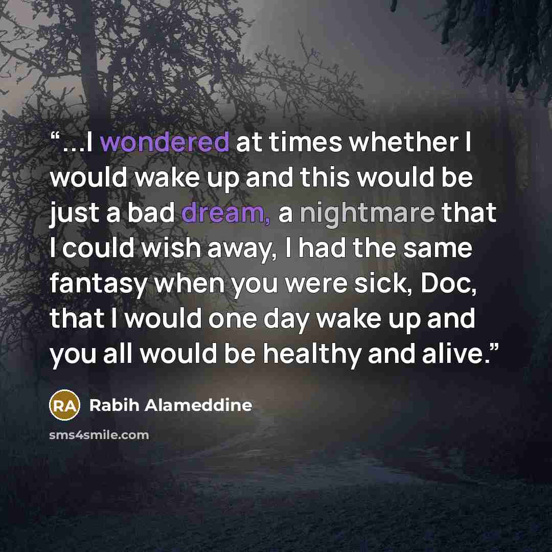 “...I wondered at times whether I would wake up and this would be just a bad dream, a nightmare that I could wish away, I had the same fantasy when you were sick, Doc, that I would one day wake up and you all would be healthy and alive.” quote by Rabih Alameddine