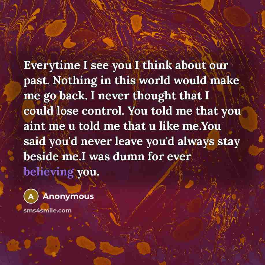 “Everytime I see you I think about our past. Nothing in this world would make me go back. I never thought that I could lose control. You told me that you aint me u told me that u like me.You said you'd never leave you'd always stay beside me.I was dumn for ever believing you.” quote by Anonymous