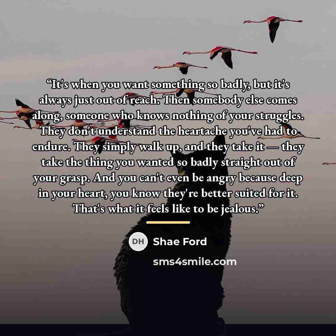 “It's when you want something so badly, but it's always just out of reach. Then somebody else comes along, someone who knows nothing of your struggles. They don't understand the heartache you've had to endure. They simply walk up, and they take it — they take the thing you wanted so badly straight…” quote by Shae Ford