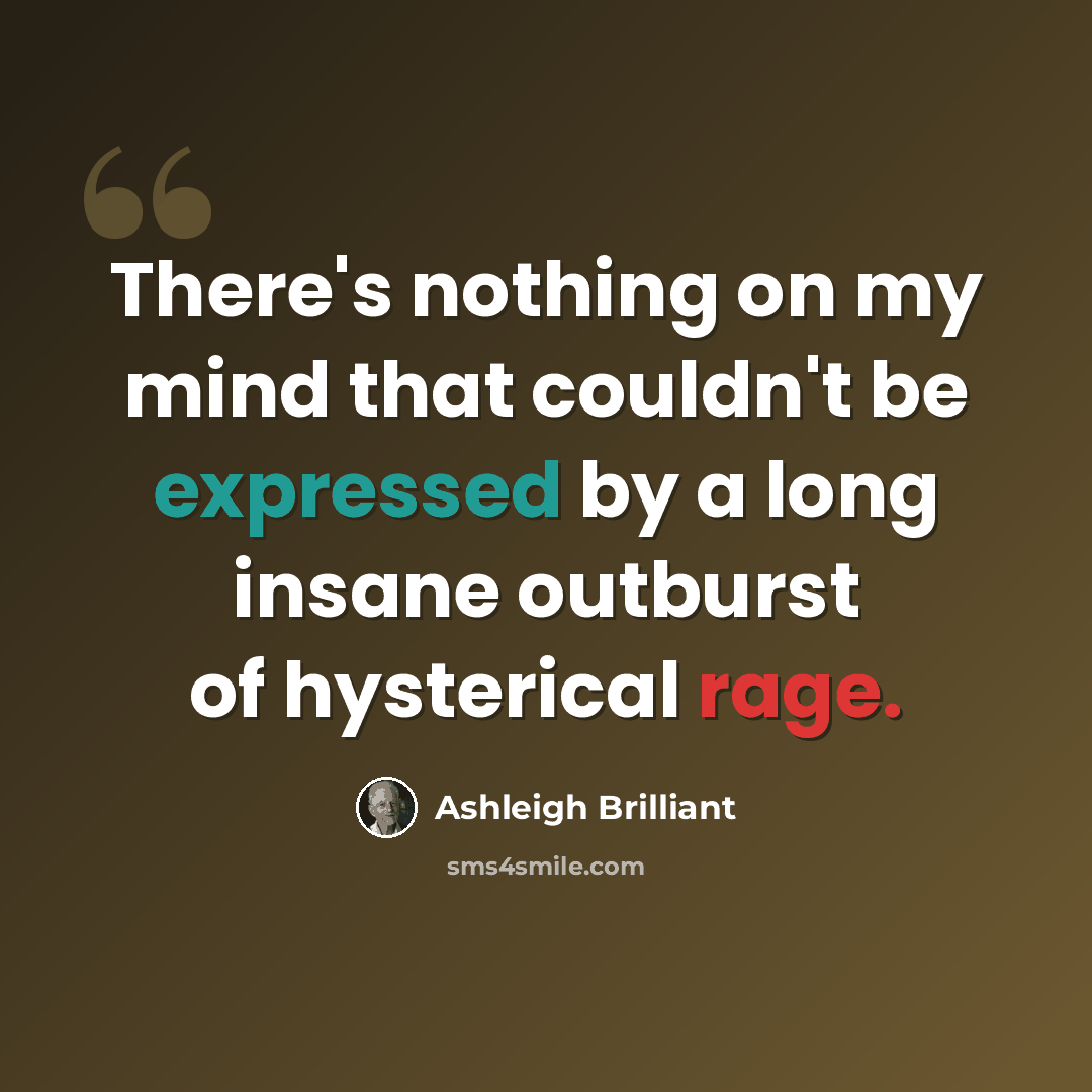 “There's nothing on my mind that couldn't be expressed by a long insane outburst of hysterical rage.” quote by Ashleigh Brilliant