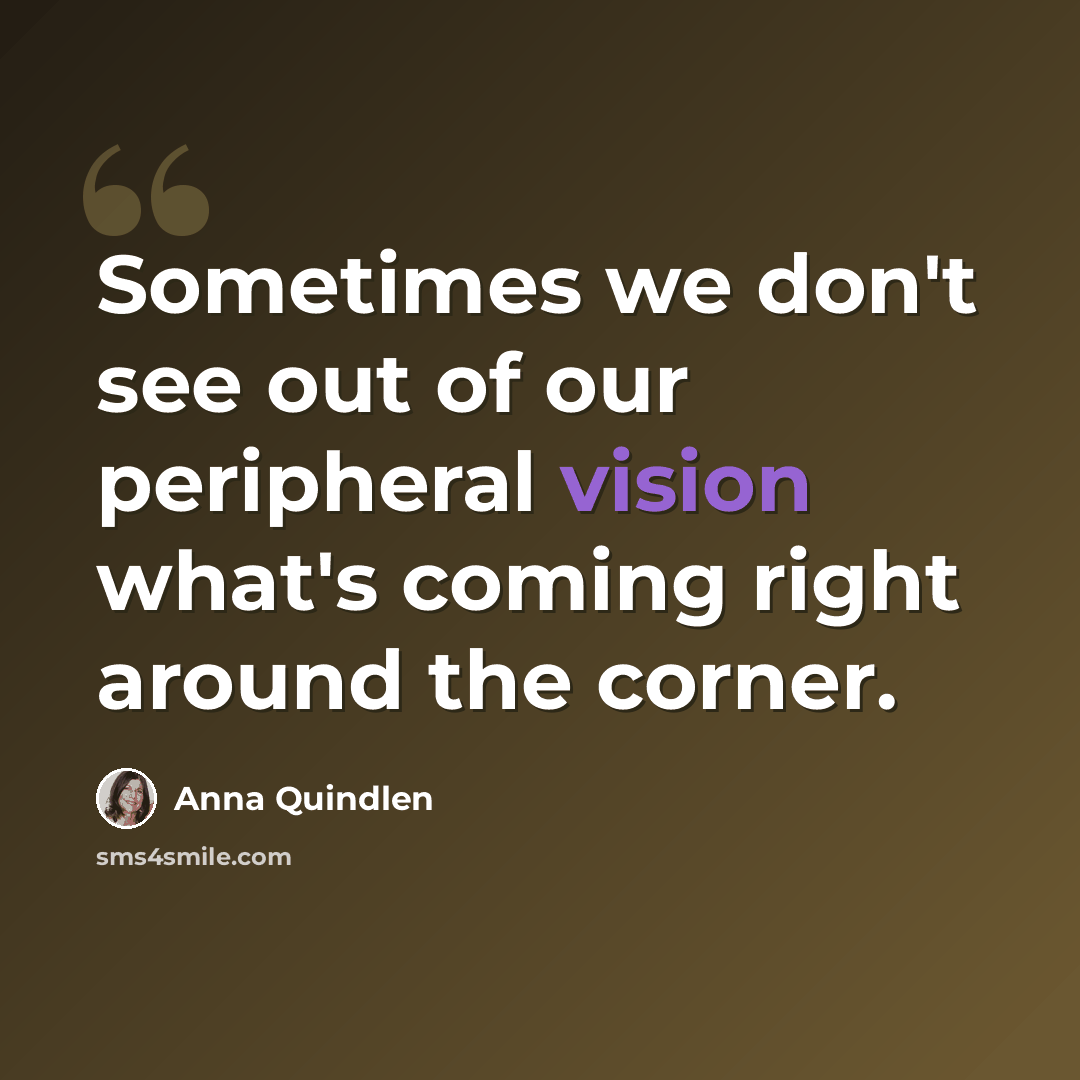 “Sometimes we don't see out of our peripheral vision what's coming right around the corner.” quote by Anna Quindlen