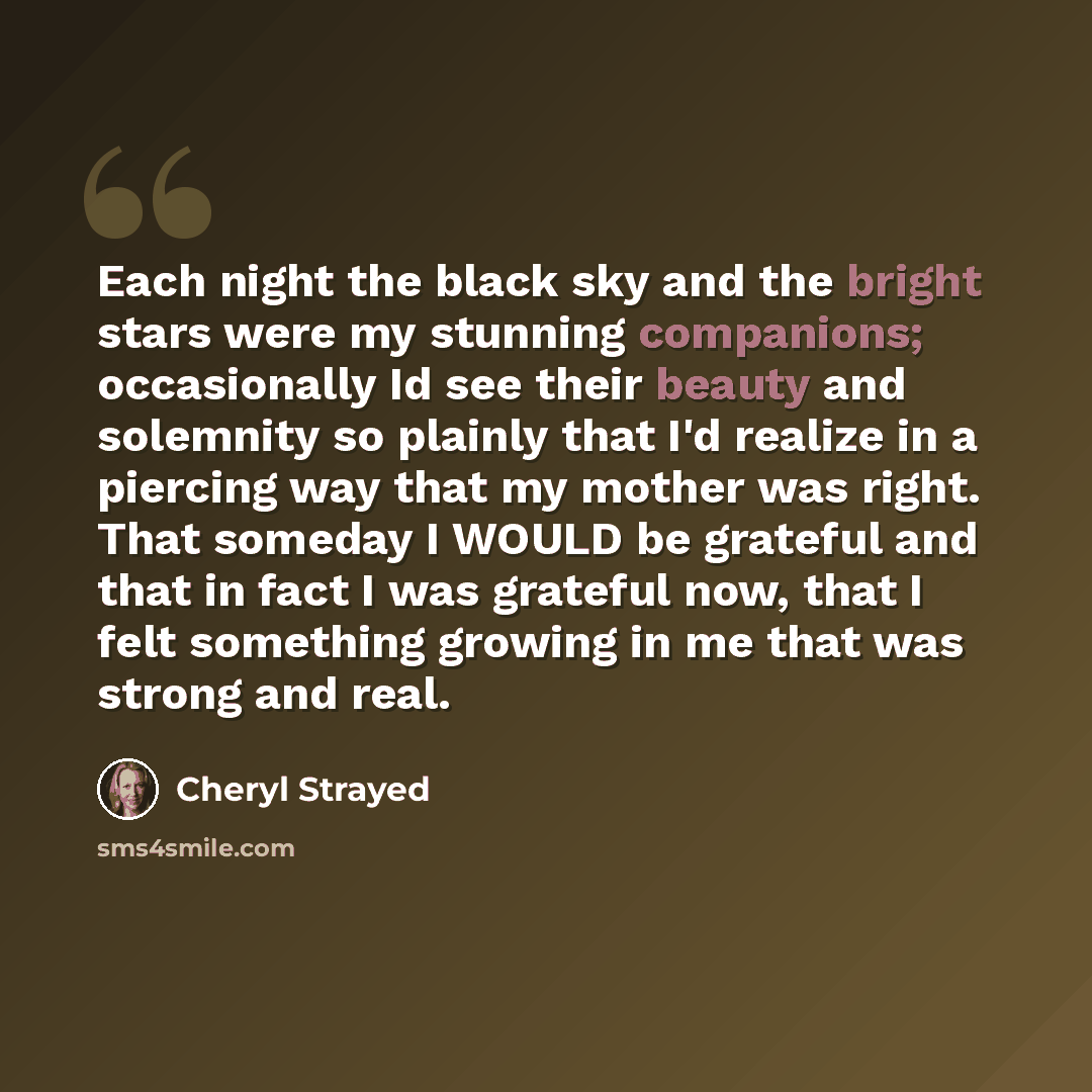 “Each night the black sky and the bright stars were my stunning companions; occasionally Id see their beauty and solemnity so plainly that I'd realize in a piercing way that my mother was right. That someday I WOULD be grateful and that in fact I was grateful now, that I felt something growing in…” quote by Cheryl Strayed