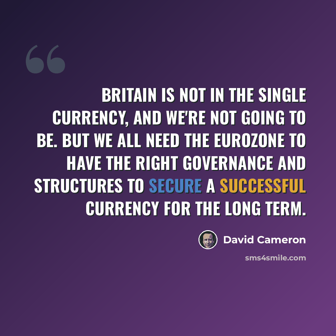 “Britain is not in the single currency, and we're not going to be. But we all need the eurozone to have the right governance and structures to secure a successful currency for the long term.” quote by David Cameron