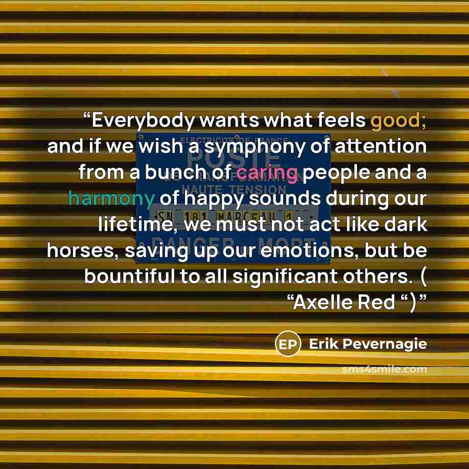 “Everybody wants what feels good; and if we wish a symphony of attention from a bunch of caring people and a harmony of happy sounds during our lifetime, we must not act like dark horses, saving up our emotions, but be bountiful to all significant others. ( “Axelle Red “)” quote by Erik Pevernagie