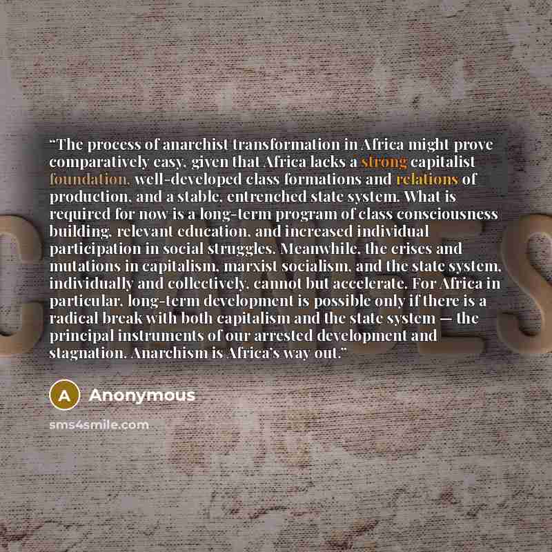 “The process of anarchist transformation in Africa might prove comparatively easy, given that Africa lacks a strong capitalist foundation, well-developed class formations and relations of production, and a stable, entrenched state system. What is required for now is a long-term program of class…” quote by Anonymous