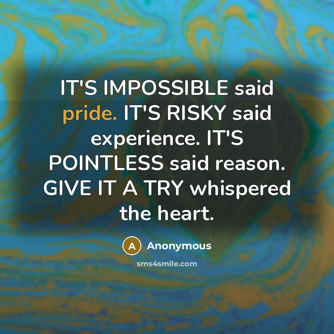 “IT'S IMPOSSIBLE said pride. IT'S RISKY said experience. IT'S POINTLESS said reason. GIVE IT A TRY whispered the heart.” quote by Anonymous