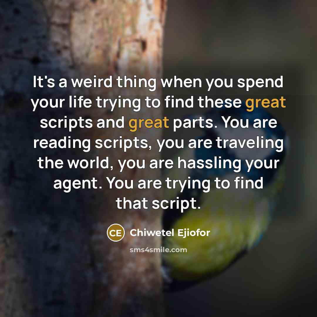 “It's a weird thing when you spend your life trying to find these great scripts and great parts. You are reading scripts, you are traveling the world, you are hassling your agent. You are trying to find that script.” quote by Chiwetel Ejiofor