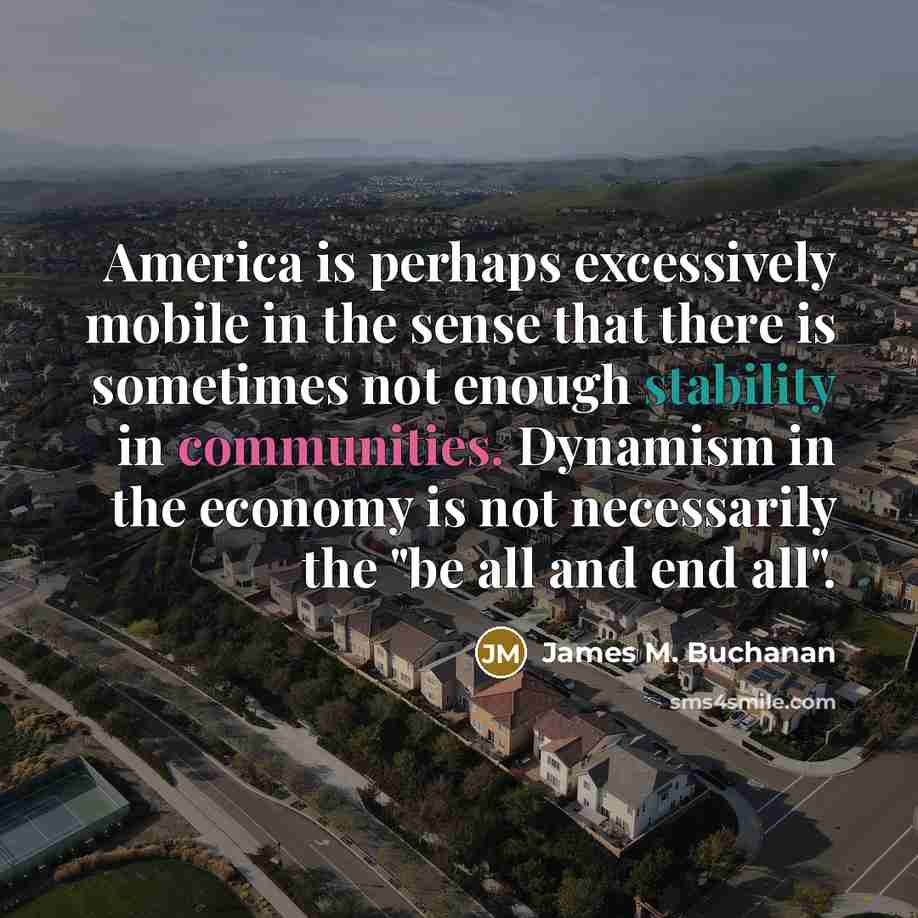 “America is perhaps excessively mobile in the sense that there is sometimes not enough stability in communities. Dynamism in the economy is not necessarily the "be all and end all".” quote by James M. Buchanan