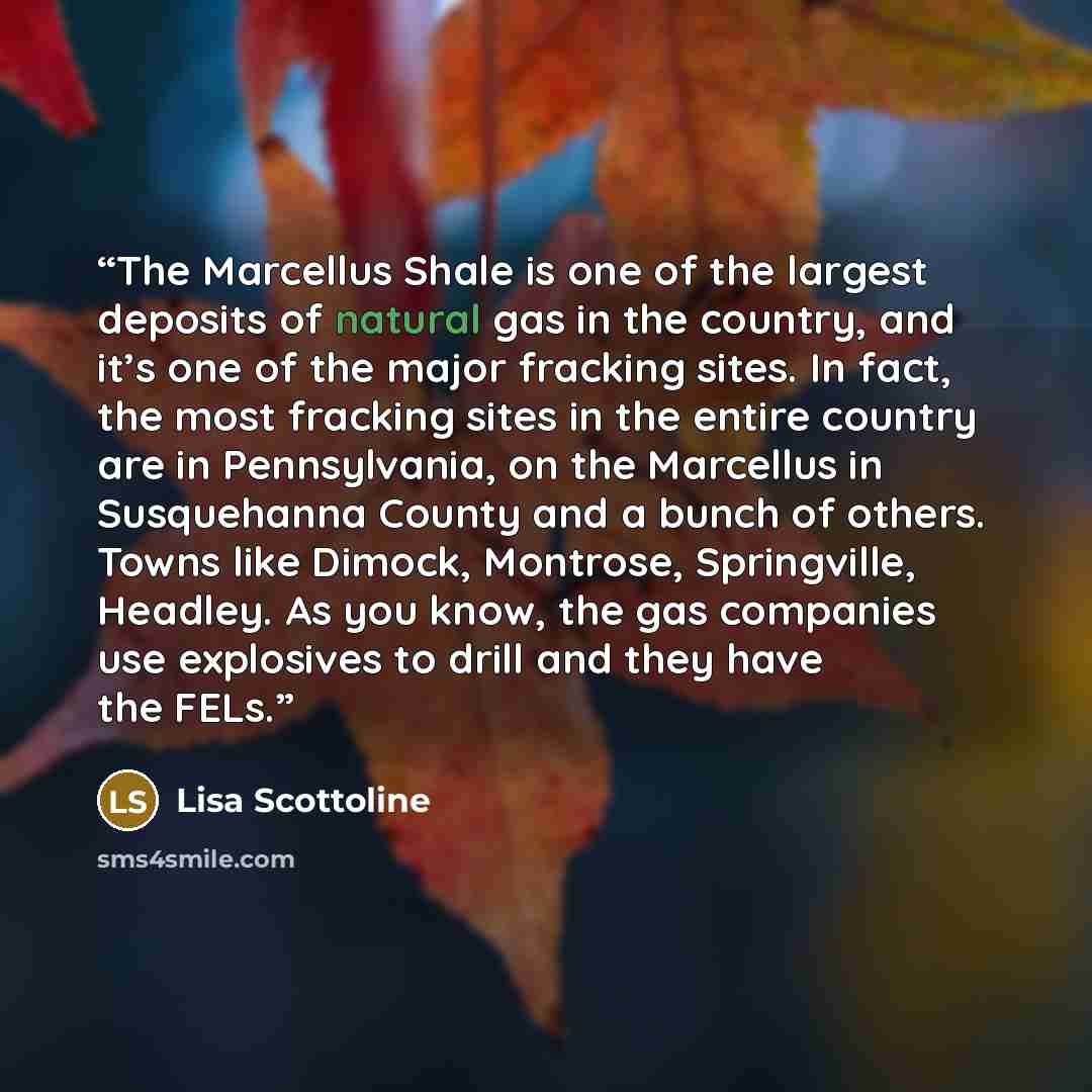 “The Marcellus Shale is one of the largest deposits of natural gas in the country, and it’s one of the major fracking sites. In fact, the most fracking sites in the entire country are in Pennsylvania, on the Marcellus in Susquehanna County and a bunch of others. Towns like Dimock, Montrose…” quote by Lisa Scottoline