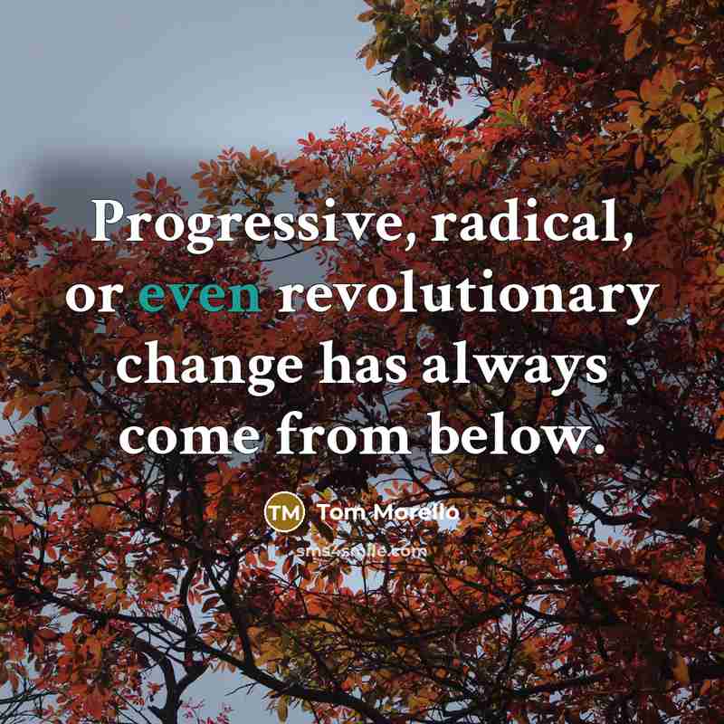 “Progressive, radical, or even revolutionary change has always come from below.” quote by Tom Morello