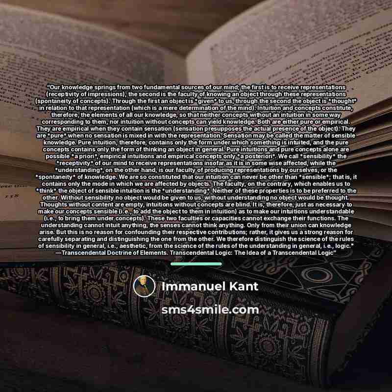 “Our knowledge springs from two fundamental sources of our mind; the first is to receive representations (receptivity of impressions), the second is the faculty of knowing an object through these representations (spontaneity of concepts). Through the first an object is *given* to us, through the…” quote by Immanuel Kant