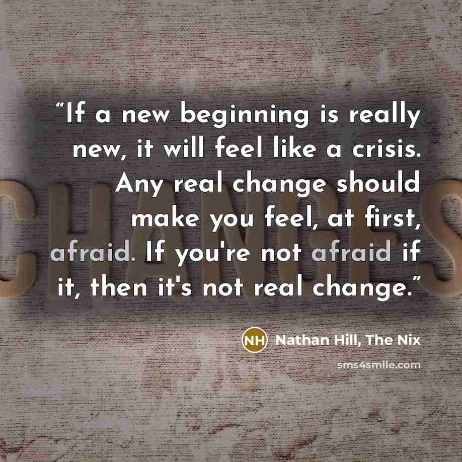 “If a new beginning is really new, it will feel like a crisis. Any real change should make you feel, at first, afraid. If you're not afraid if it, then it's not real change.” quote by Nathan Hill, The Nix