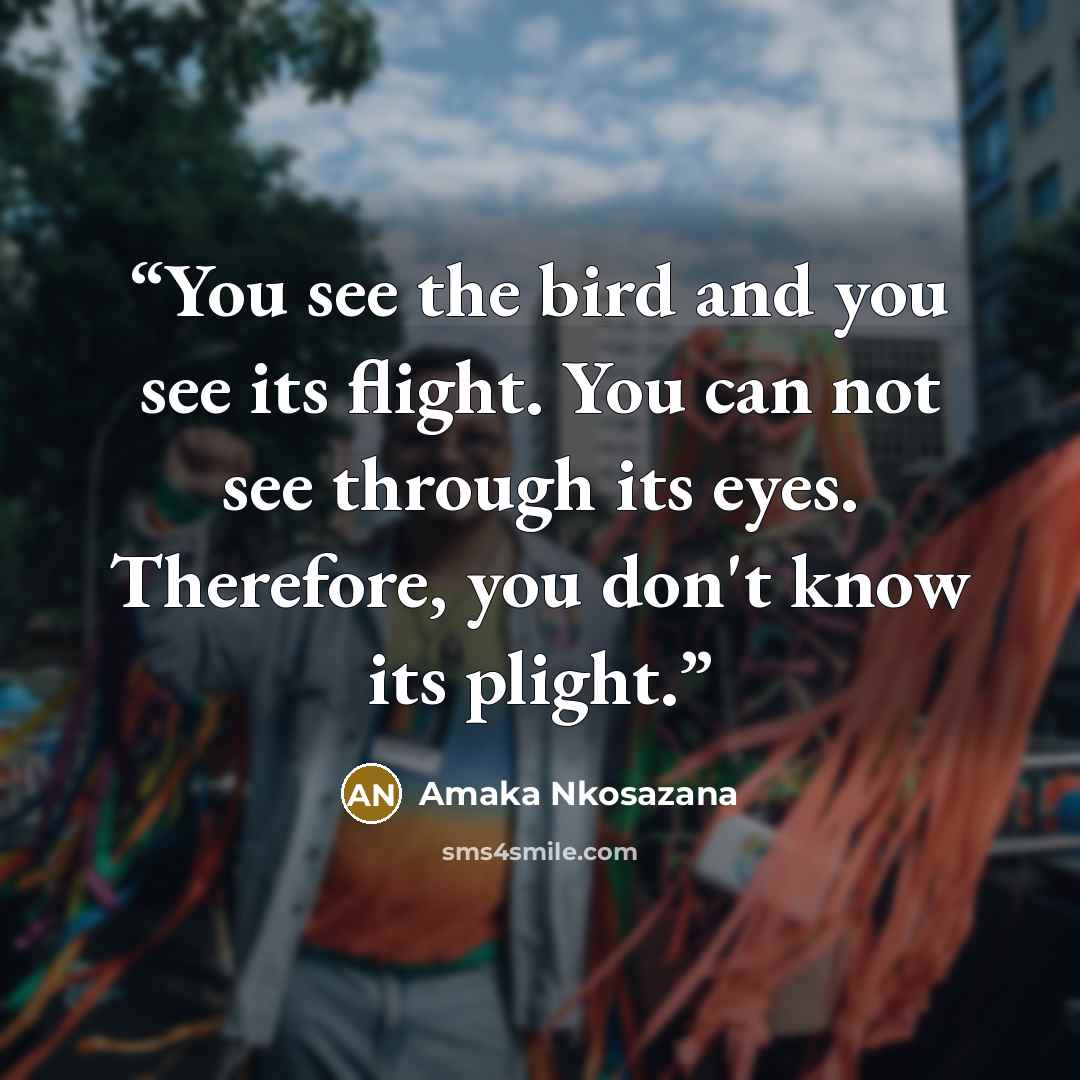“You see the bird and you see its flight. You can not see through its eyes. Therefore, you don't know its plight.” quote by Amaka Nkosazana