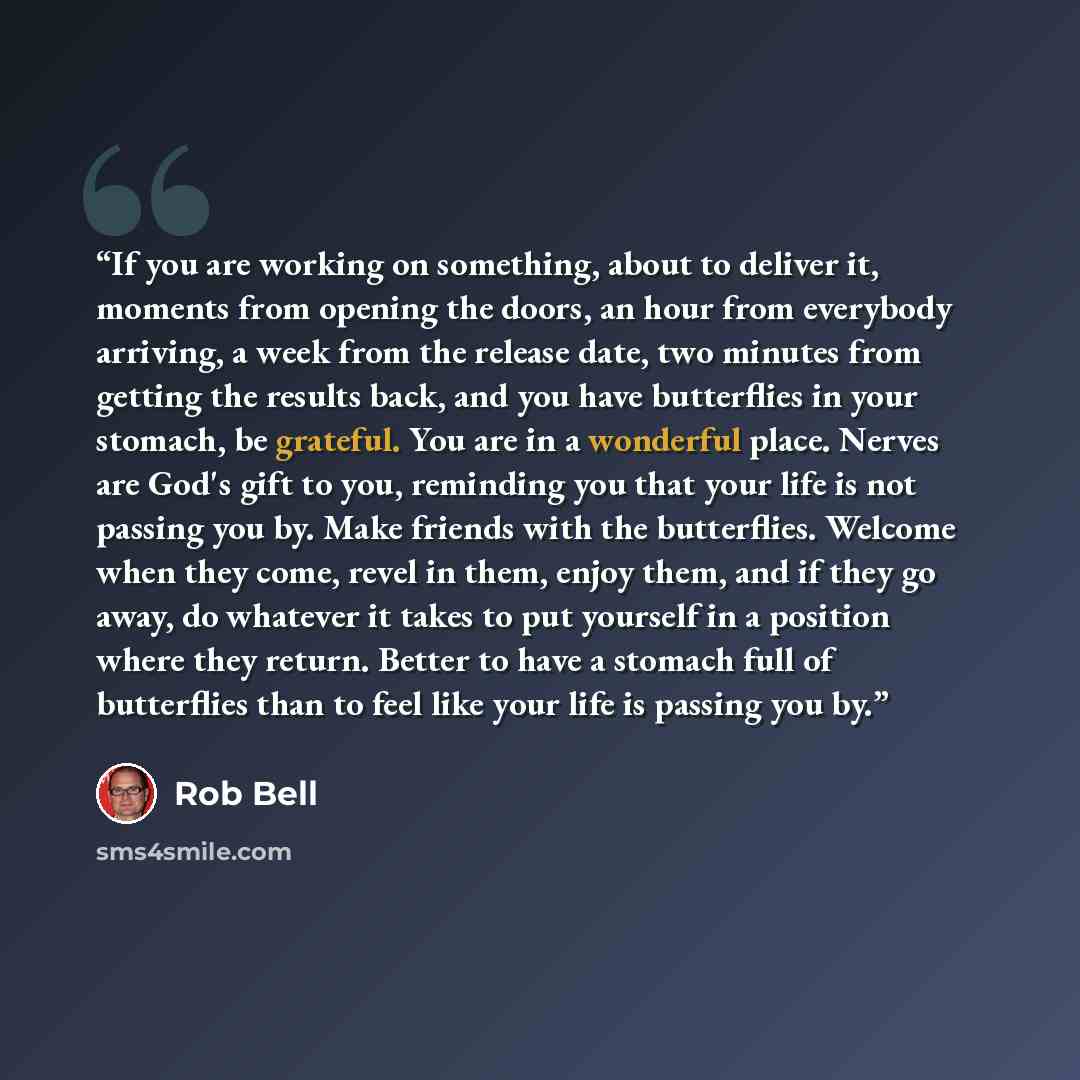 “If you are working on something, about to deliver it, moments from opening the doors, an hour from everybody arriving, a week from the release date, two minutes from getting the results back, and you have butterflies in your stomach, be grateful. You are in a wonderful place. Nerves are God's gift…” quote by Rob Bell