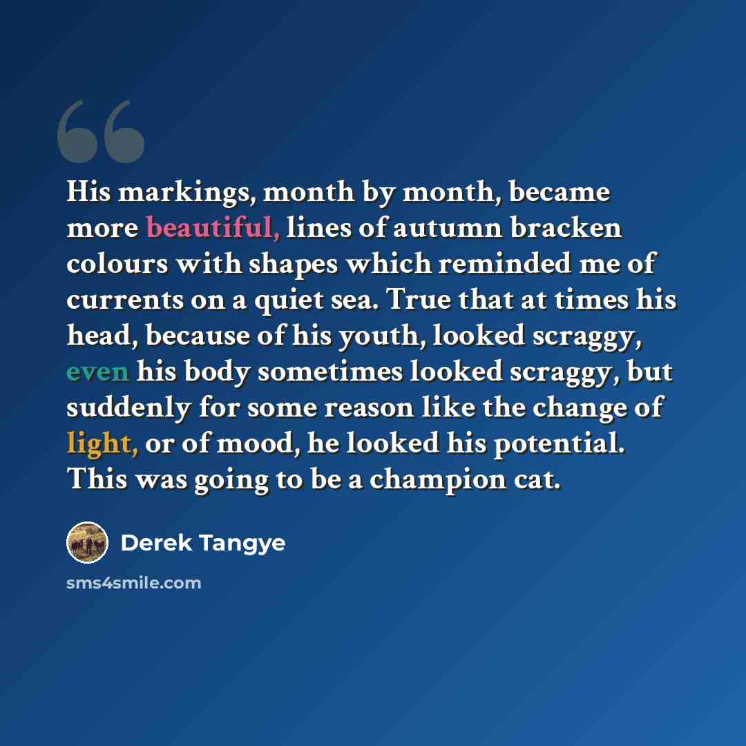 “His markings, month by month, became more beautiful, lines of autumn bracken colours with shapes which reminded me of currents on a quiet sea. True that at times his head, because of his youth, looked scraggy, even his body sometimes looked scraggy, but suddenly for some reason like the change of…” quote by Derek Tangye