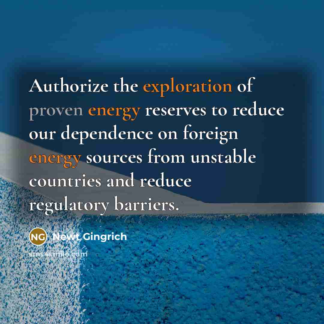 “Authorize the exploration of proven energy reserves to reduce our dependence on foreign energy sources from unstable countries and reduce regulatory barriers.” quote by Newt Gingrich
