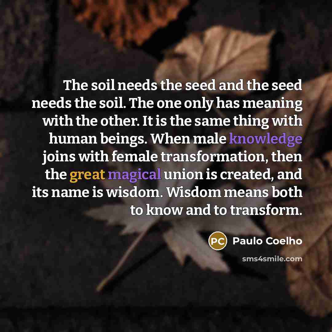 “The soil needs the seed and the seed needs the soil. The one only has meaning with the other. It is the same thing with human beings. When male knowledge joins with female transformation, then the great magical union is created, and its name is wisdom. Wisdom means both to know and to transform.” quote by Paulo Coelho