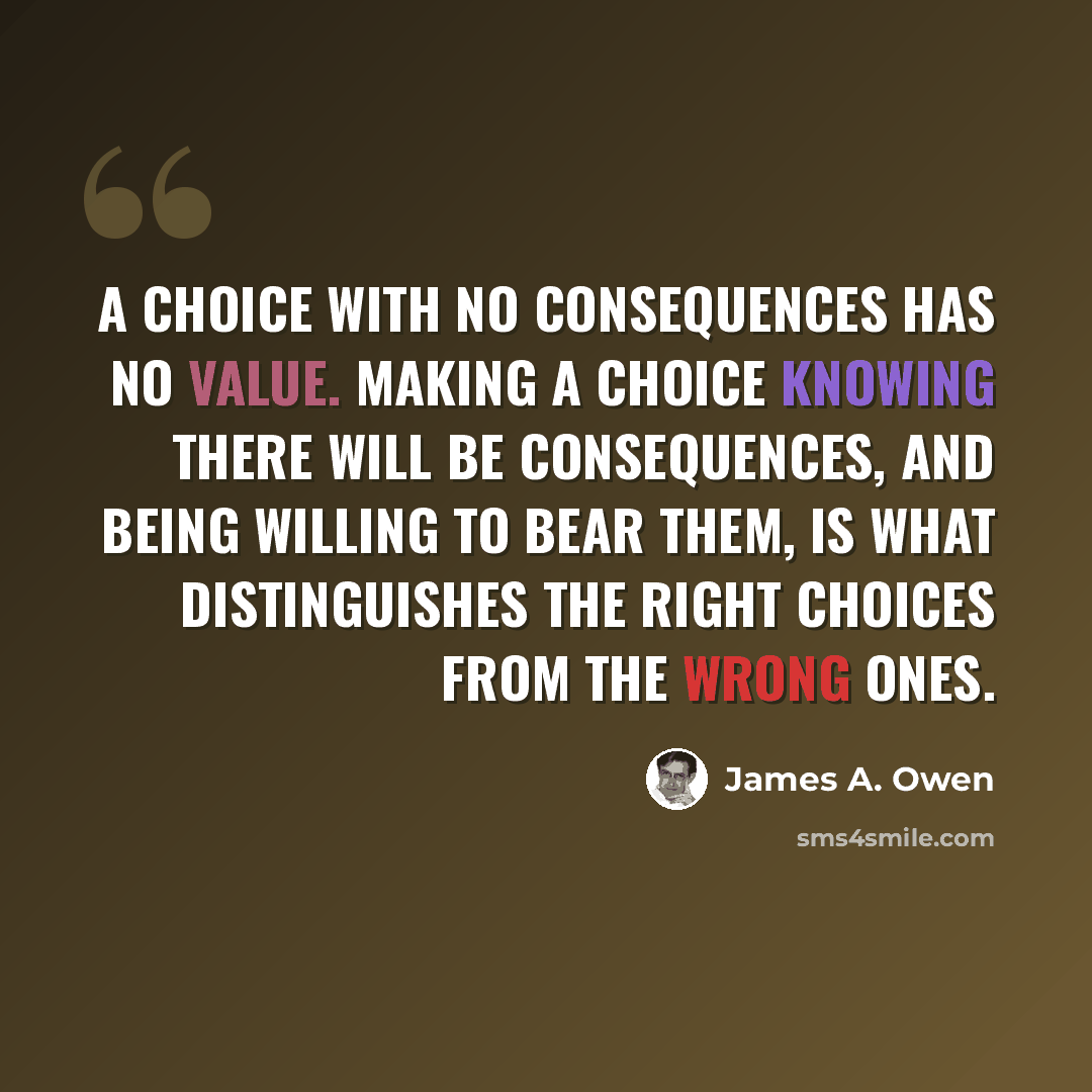 “A choice with no consequences has no value. Making a choice knowing there will be consequences, and being willing to bear them, is what distinguishes the right choices from the wrong ones.” quote by James A. Owen