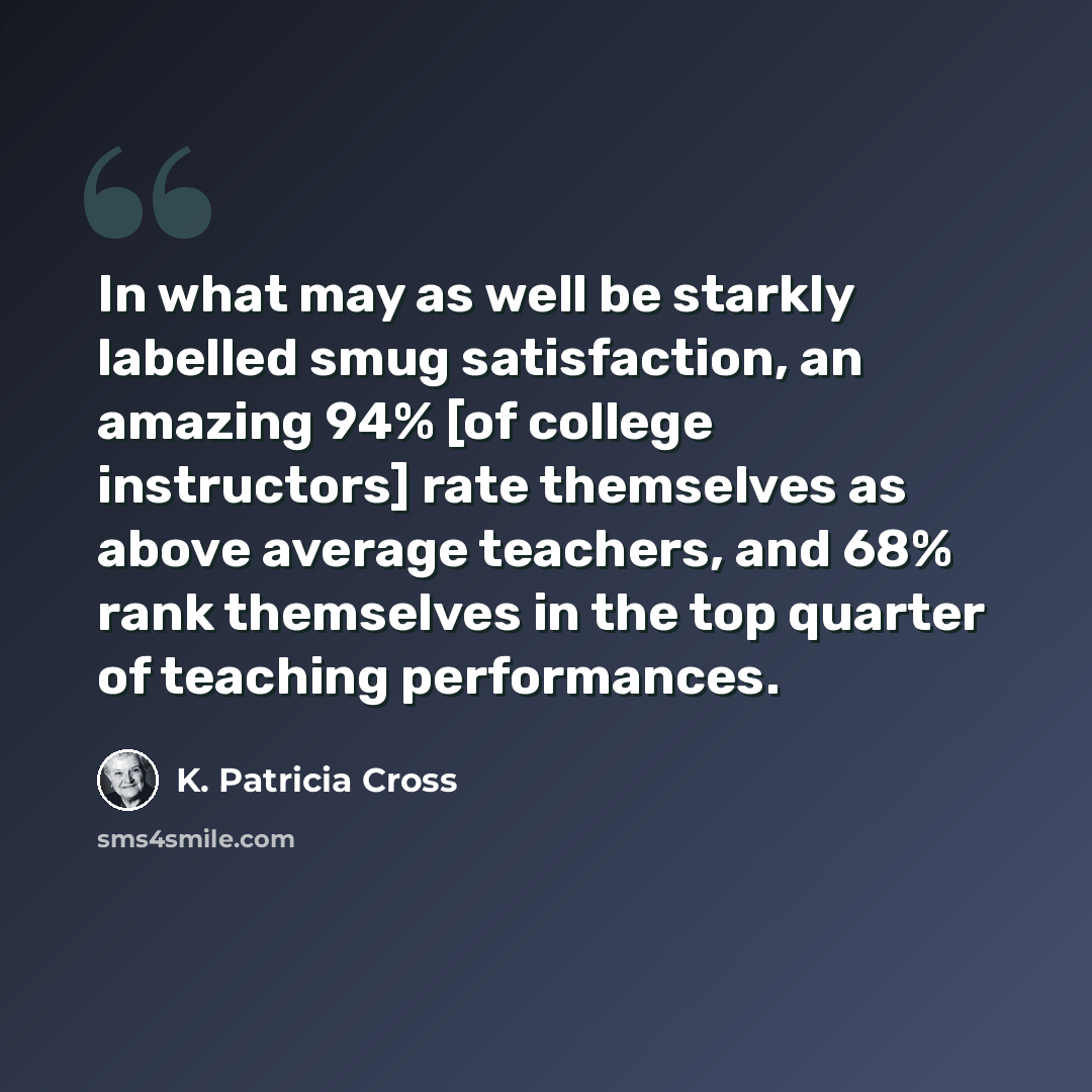 “In what may as well be starkly labelled smug satisfaction, an amazing 94% [of college instructors] rate themselves as above average teachers, and 68% rank themselves in the top quarter of teaching performances.” quote by K. Patricia Cross