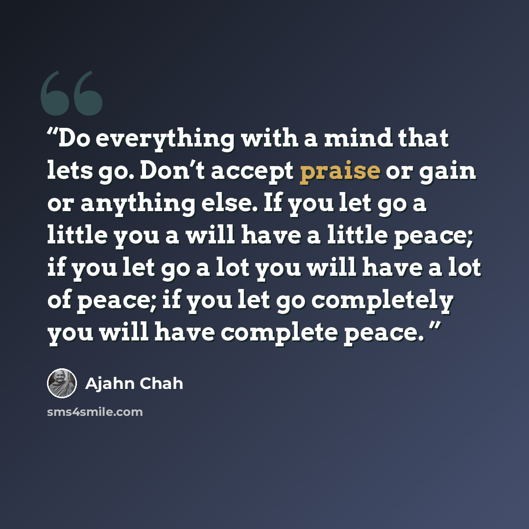 “Do everything with a mind that lets go. Don’t accept praise or gain or anything else. If you let go a little you a will have a little peace; if you let go a lot you will have a lot of peace; if you let go completely you will have complete peace.” quote by Ajahn Chah