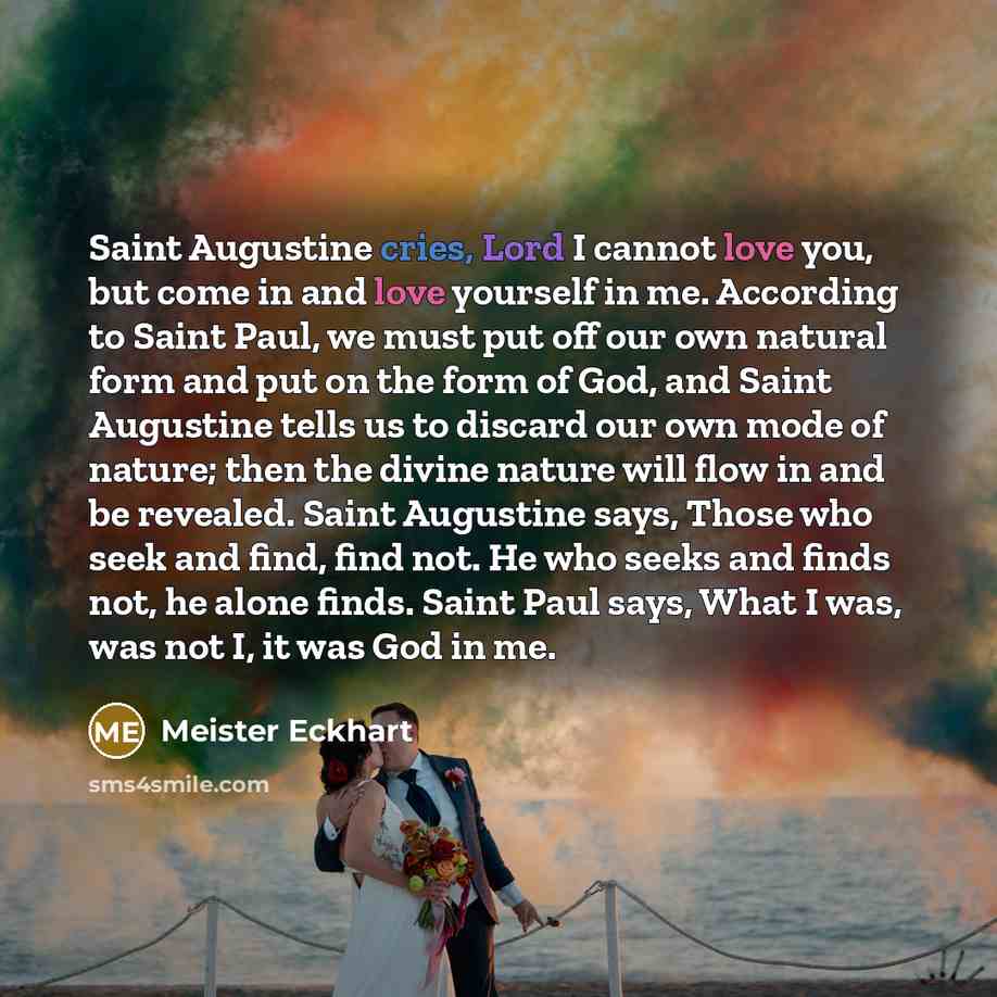 “Saint Augustine cries, Lord I cannot love you, but come in and love yourself in me. According to Saint Paul, we must put off our own natural form and put on the form of God, and Saint Augustine tells us to discard our own mode of nature; then the divine nature will flow in and be revealed. Saint…” quote by Meister Eckhart