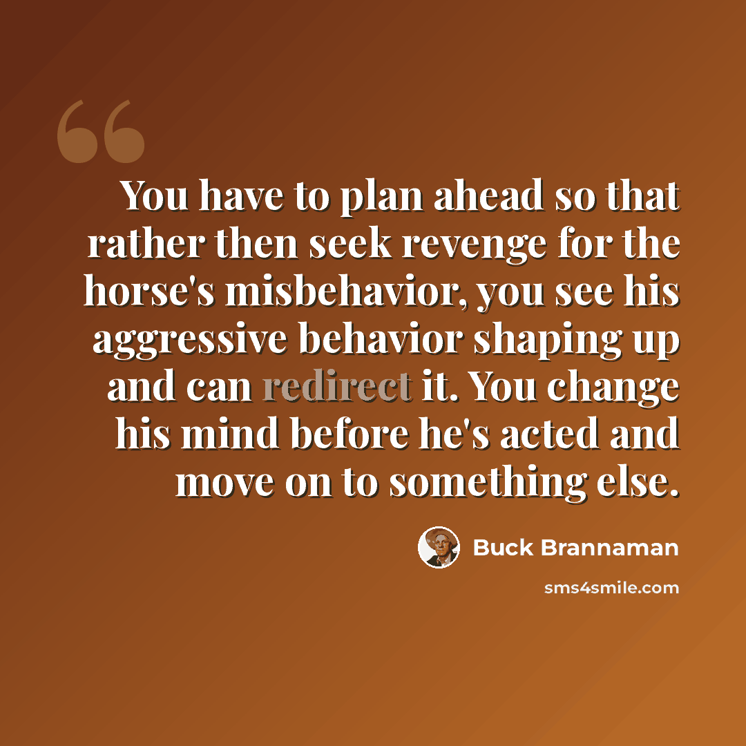 “You have to plan ahead so that rather then seek revenge for the horse's misbehavior, you see his aggressive behavior shaping up and can redirect it. You change his mind before he's acted and move on to something else.” quote by Buck Brannaman