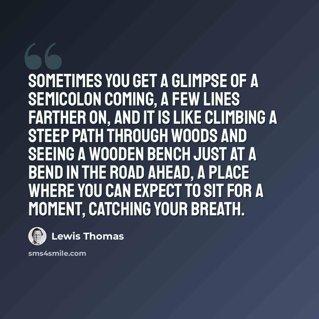“Sometimes you get a glimpse of a semicolon coming, a few lines farther on, and it is like climbing a steep path through woods and seeing a wooden bench just at a bend in the road ahead, a place where you can expect to sit for a moment, catching your breath.” quote by Lewis Thomas