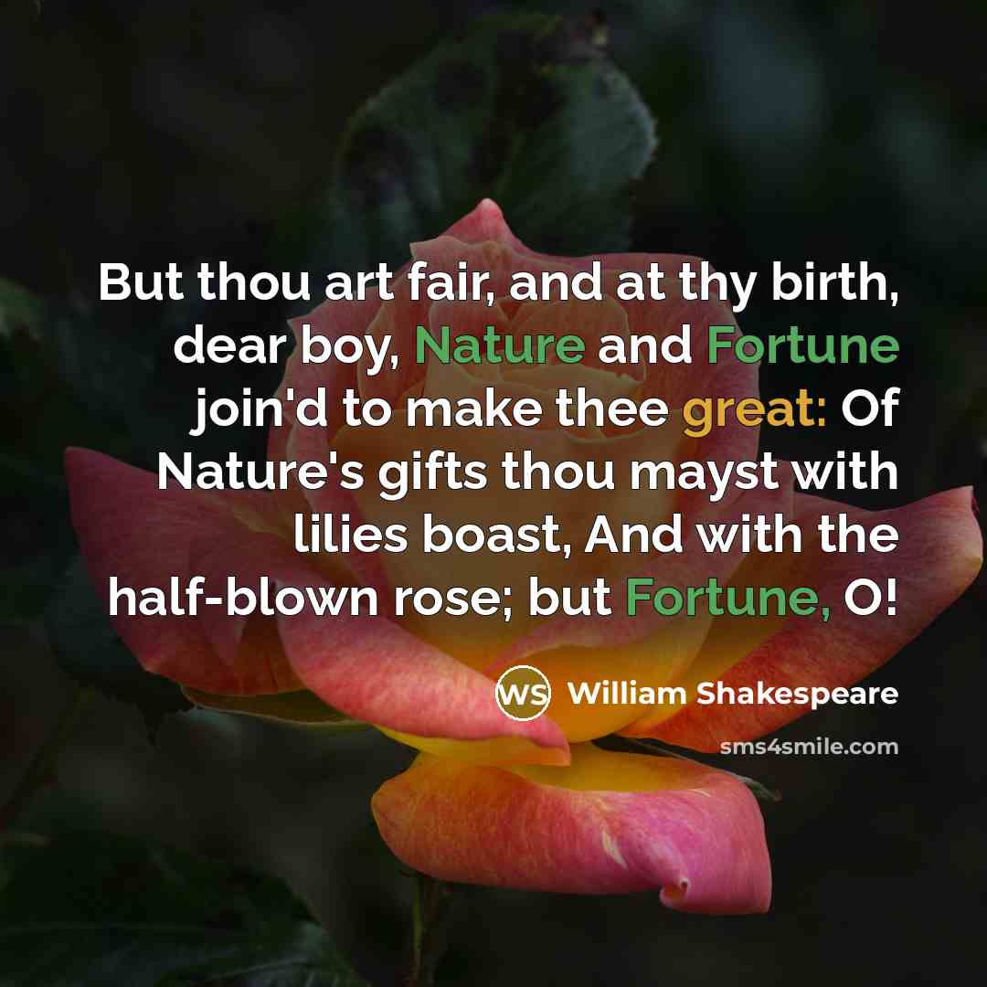 “But thou art fair, and at thy birth, dear boy, Nature and Fortune join'd to make thee great: Of Nature's gifts thou mayst with lilies boast, And with the half-blown rose; but Fortune, O!” quote by William Shakespeare