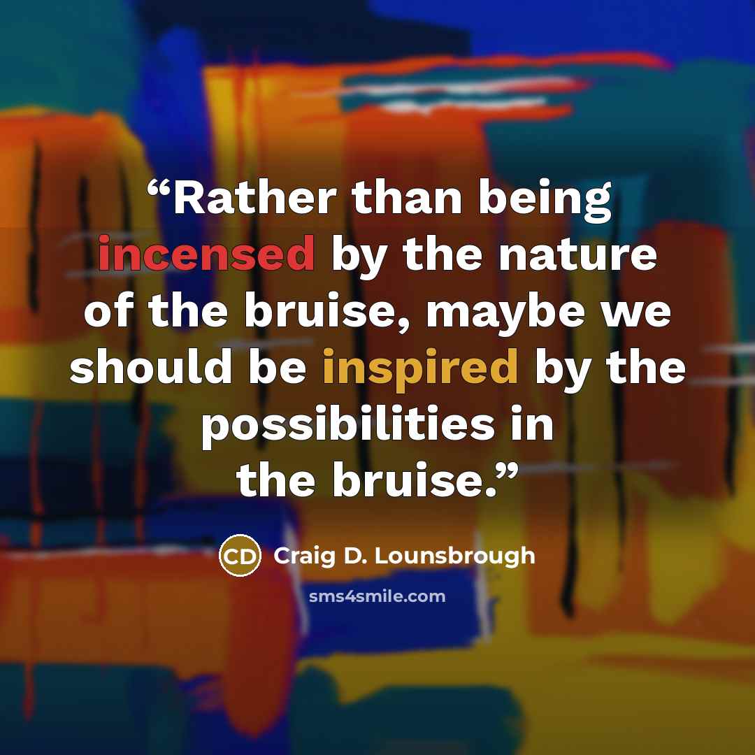 “Rather than being incensed by the nature of the bruise, maybe we should be inspired by the possibilities in the bruise.” quote by Craig D. Lounsbrough