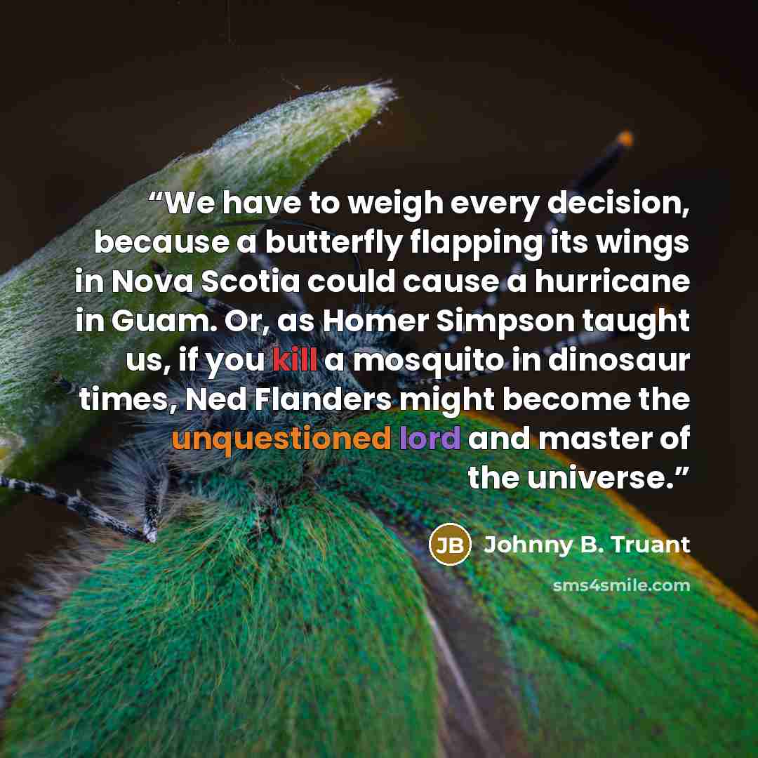 “We have to weigh every decision, because a butterfly flapping its wings in Nova Scotia could cause a hurricane in Guam. Or, as Homer Simpson taught us, if you kill a mosquito in dinosaur times, Ned Flanders might become the unquestioned lord and master of the universe.” quote by Johnny B. Truant
