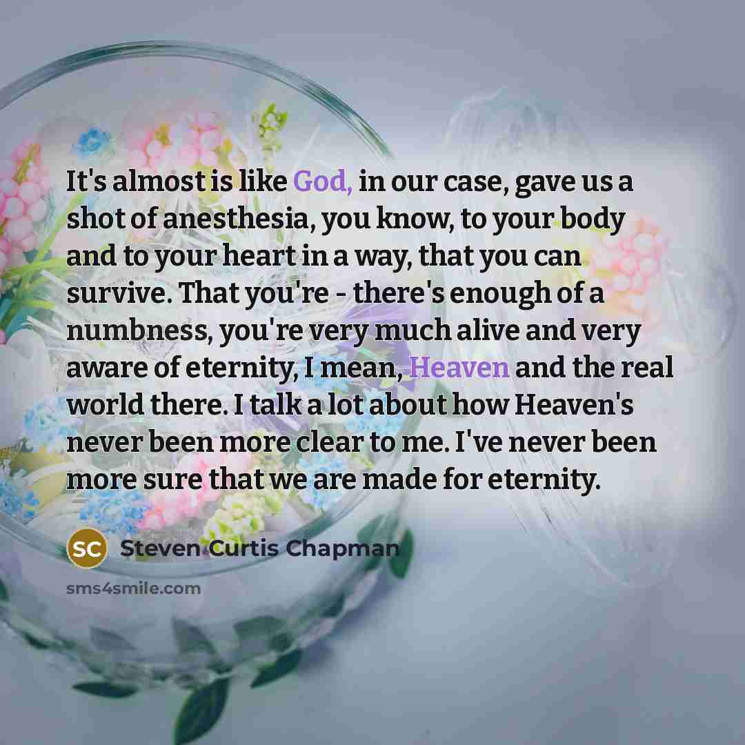 “It's almost is like God, in our case, gave us a shot of anesthesia, you know, to your body and to your heart in a way, that you can survive. That you're - there's enough of a numbness, you're very much alive and very aware of eternity, I mean, Heaven and the real world there. I talk a lot about…” quote by Steven Curtis Chapman