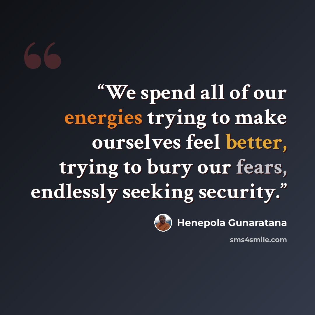 “We spend all of our energies trying to make ourselves feel better, trying to bury our fears, endlessly seeking security.” quote by Henepola Gunaratana