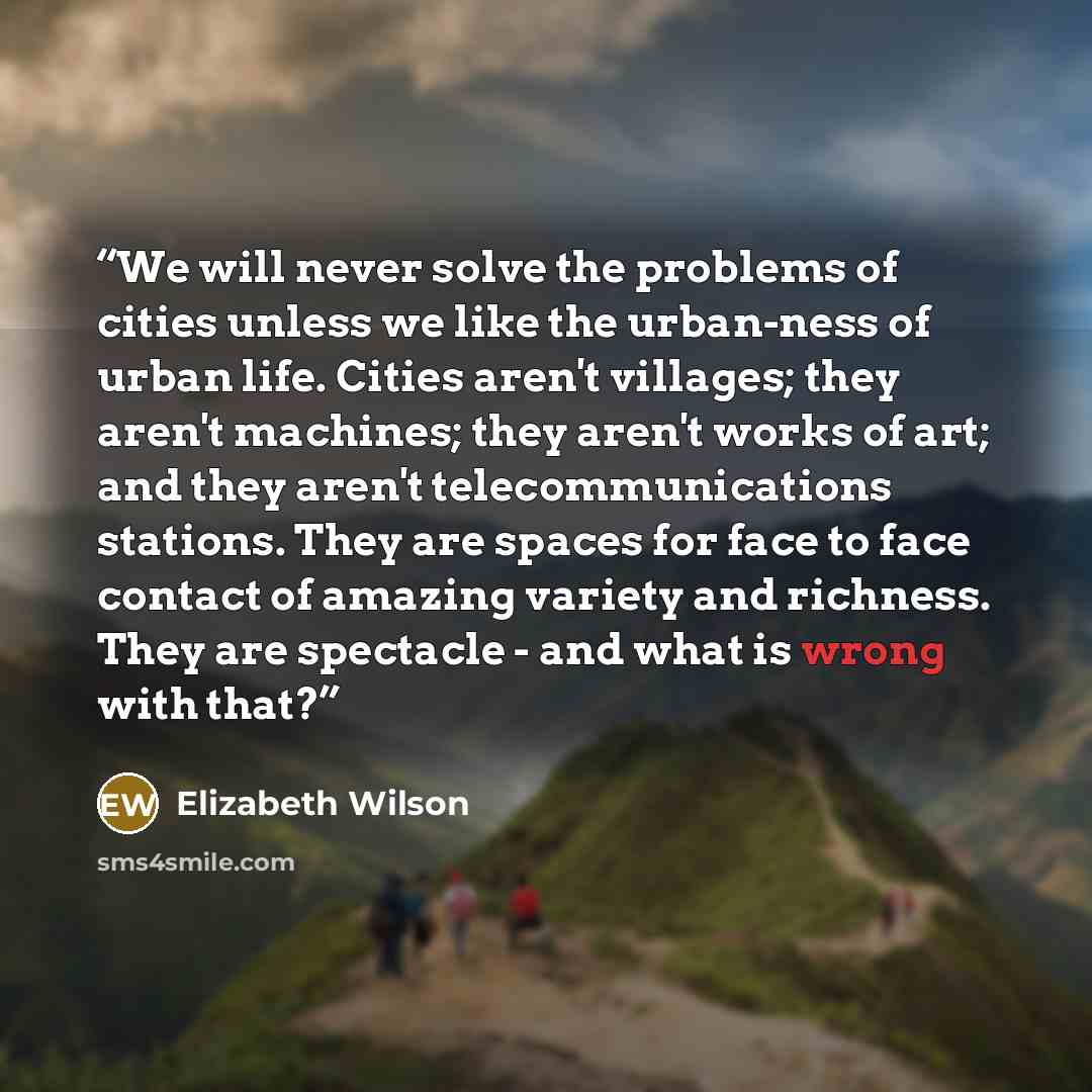 “We will never solve the problems of cities unless we like the urban-ness of urban life. Cities aren't villages; they aren't machines; they aren't works of art; and they aren't telecommunications stations. They are spaces for face to face contact of amazing variety and richness. They are spectacle…” quote by Elizabeth Wilson
