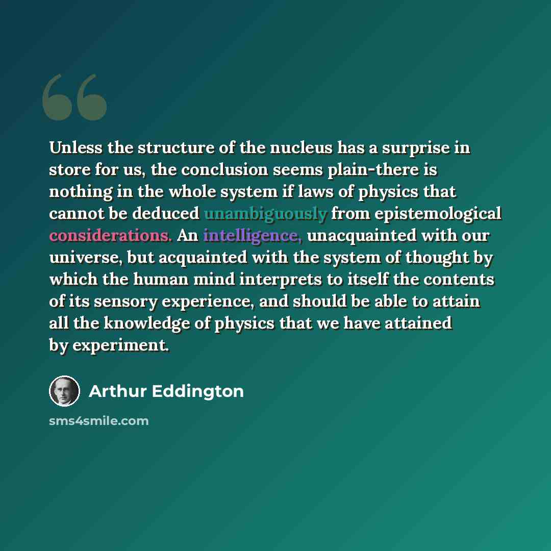 “Unless the structure of the nucleus has a surprise in store for us, the conclusion seems plain-there is nothing in the whole system if laws of physics that cannot be deduced unambiguously from epistemological considerations. An intelligence, unacquainted with our universe, but acquainted with the…” quote by Arthur Eddington