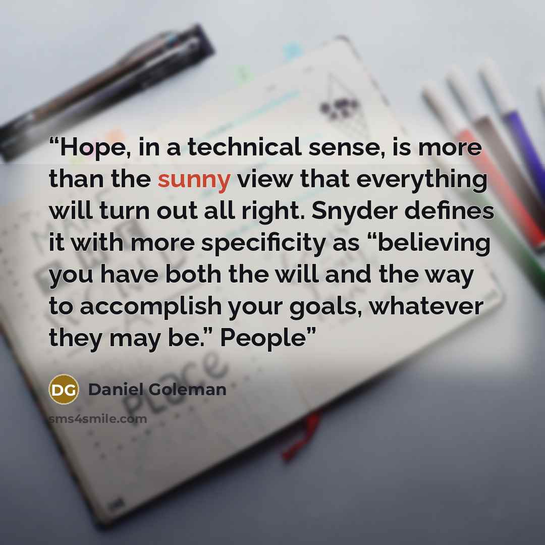 “Hope, in a technical sense, is more than the sunny view that everything will turn out all right. Snyder defines it with more specificity as “believing you have both the will and the way to accomplish your goals, whatever they may be.” People” quote by Daniel Goleman