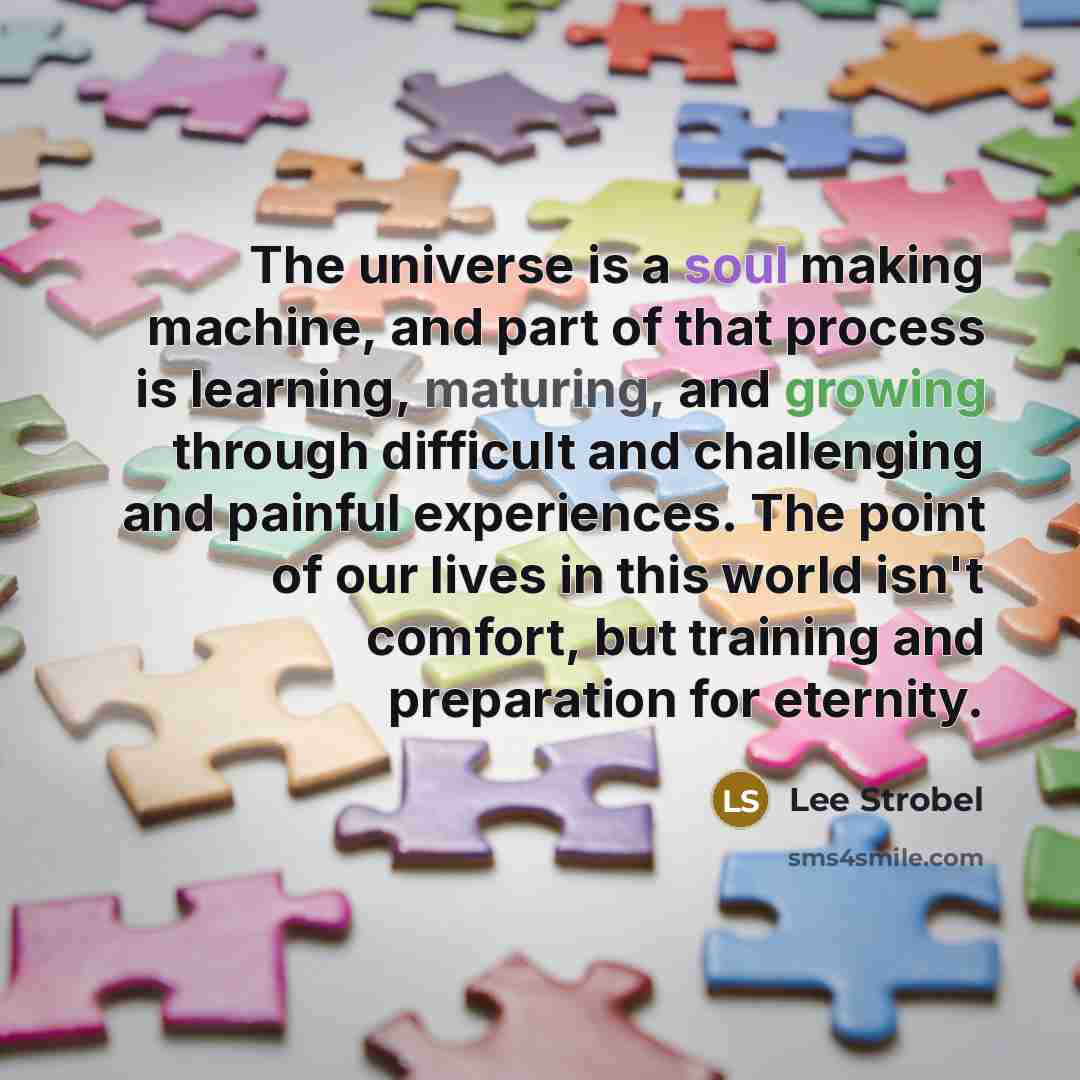 “The universe is a soul making machine, and part of that process is learning, maturing, and growing through difficult and challenging and painful experiences. The point of our lives in this world isn't comfort, but training and preparation for eternity.” quote by Lee Strobel